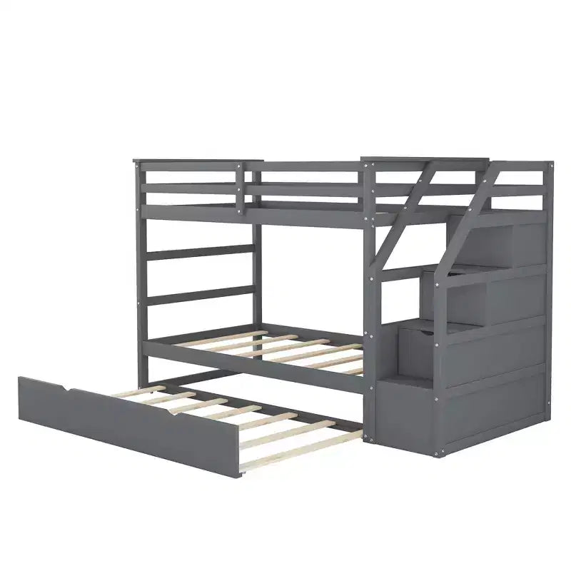 Lits superposés jumeaux avec tiroir gigogne et escalier de rangement, lits superposés en bois avec garde-corps pleine longueur