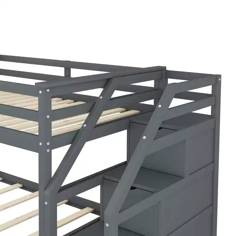 Lits superposés jumeaux avec tiroir gigogne et escalier de rangement, lits superposés en bois avec garde-corps pleine longueur