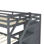 Lits superposés jumeaux avec tiroir gigogne et escalier de rangement, lits superposés en bois avec garde-corps pleine longueur