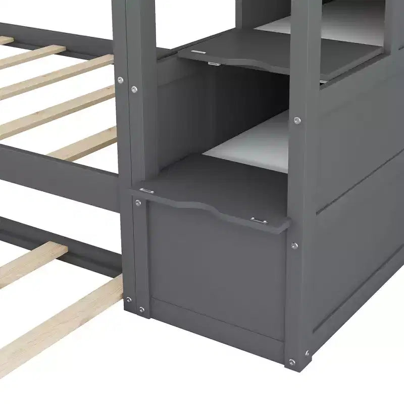 Lits superposés jumeaux avec tiroir gigogne et escalier de rangement, lits superposés en bois avec garde-corps pleine longueur