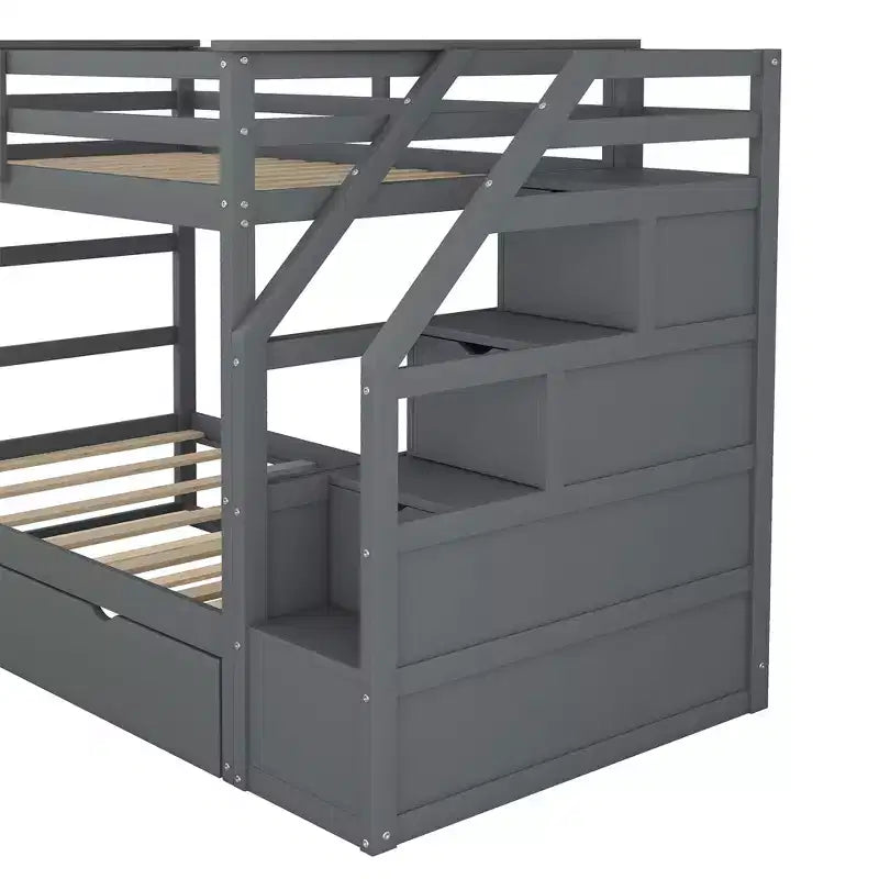 Lits superposés jumeaux avec tiroir gigogne et escalier de rangement, lits superposés en bois avec garde-corps pleine longueur