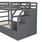 Lits superposés jumeaux avec tiroir gigogne et escalier de rangement, lits superposés en bois avec garde-corps pleine longueur
