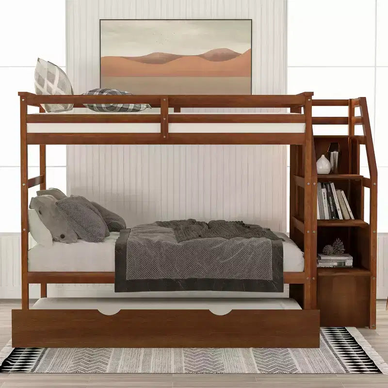 Lits superposés jumeaux avec tiroir gigogne et escalier de rangement, lits superposés en bois avec garde-corps pleine longueur