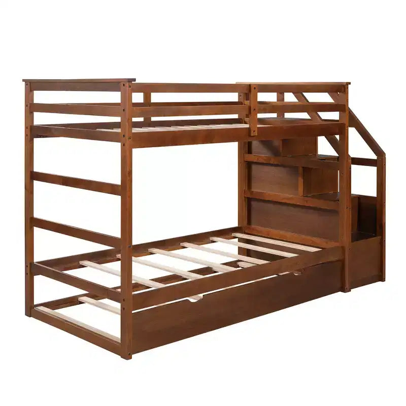 Lits superposés jumeaux avec tiroir gigogne et escalier de rangement, lits superposés en bois avec garde-corps pleine longueur