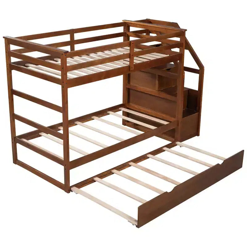 Lits superposés jumeaux avec tiroir gigogne et escalier de rangement, lits superposés en bois avec garde-corps pleine longueur