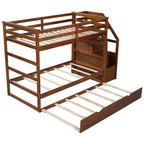 Lits superposés jumeaux avec tiroir gigogne et escalier de rangement, lits superposés en bois avec garde-corps pleine longueur