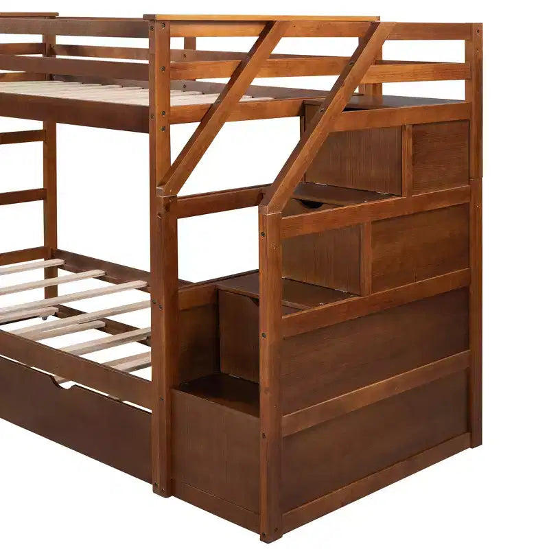 Lits superposés jumeaux avec tiroir gigogne et escalier de rangement, lits superposés en bois avec garde-corps pleine longueur