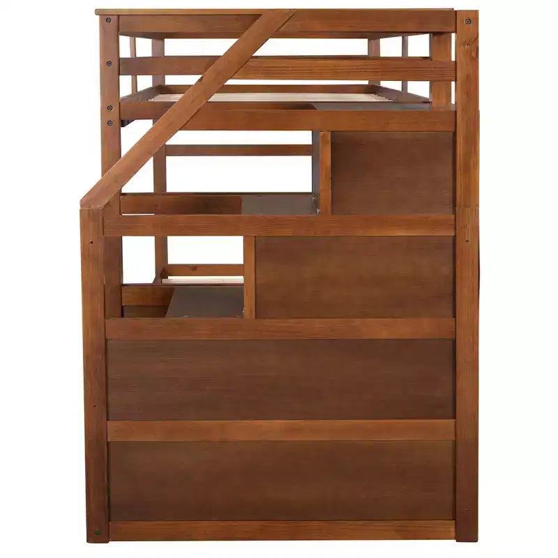 Lits superposés jumeaux avec tiroir gigogne et escalier de rangement, lits superposés en bois avec garde-corps pleine longueur