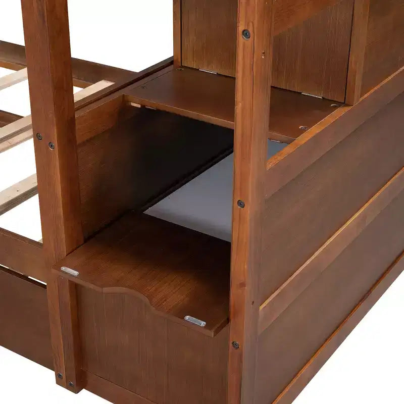 Lits superposés jumeaux avec tiroir gigogne et escalier de rangement, lits superposés en bois avec garde-corps pleine longueur