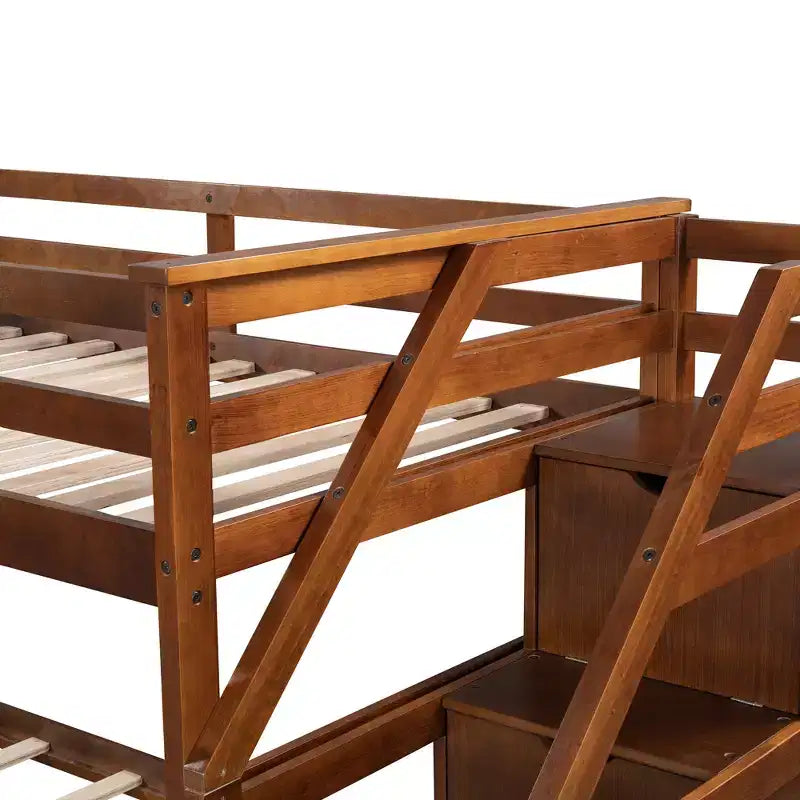 Lits superposés jumeaux avec tiroir gigogne et escalier de rangement, lits superposés en bois avec garde-corps pleine longueur