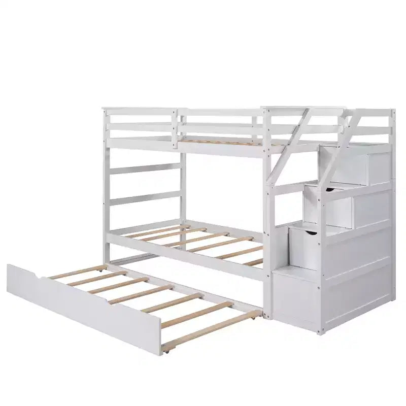 Lits superposés jumeaux avec tiroir gigogne et escalier de rangement, lits superposés en bois avec garde-corps pleine longueur