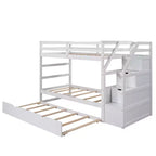 Lits superposés jumeaux avec tiroir gigogne et escalier de rangement, lits superposés en bois avec garde-corps pleine longueur