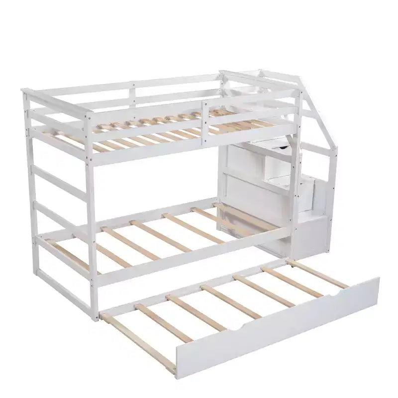 Lits superposés jumeaux avec tiroir gigogne et escalier de rangement, lits superposés en bois avec garde-corps pleine longueur