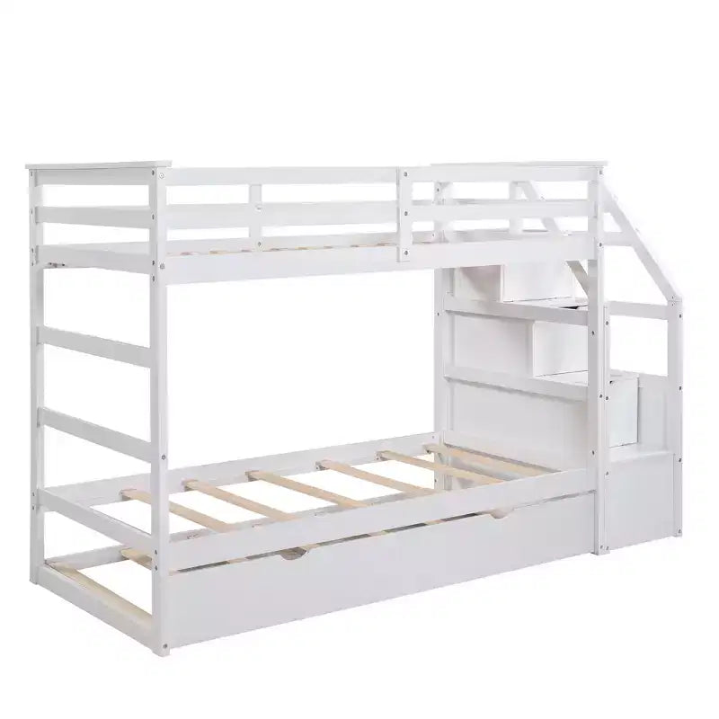 Lits superposés jumeaux avec tiroir gigogne et escalier de rangement, lits superposés en bois avec garde-corps pleine longueur