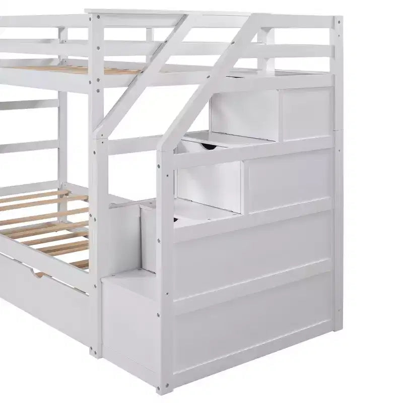 Lits superposés jumeaux avec tiroir gigogne et escalier de rangement, lits superposés en bois avec garde-corps pleine longueur