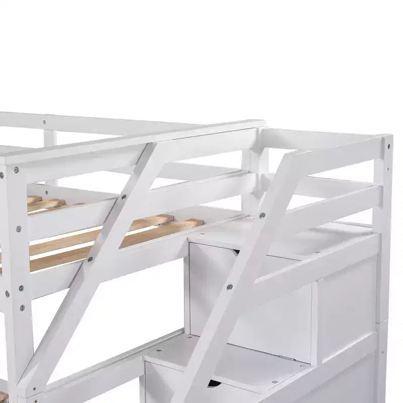 Lits superposés jumeaux avec tiroir gigogne et escalier de rangement, lits superposés en bois avec garde-corps pleine longueur