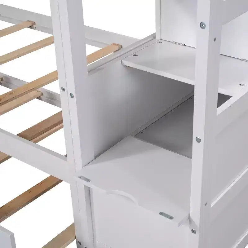 Lits superposés jumeaux avec tiroir gigogne et escalier de rangement, lits superposés en bois avec garde-corps pleine longueur