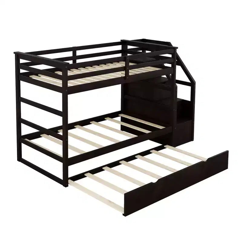 Lits superposés jumeaux avec tiroir gigogne et escalier de rangement, lits superposés en bois avec garde-corps pleine longueur