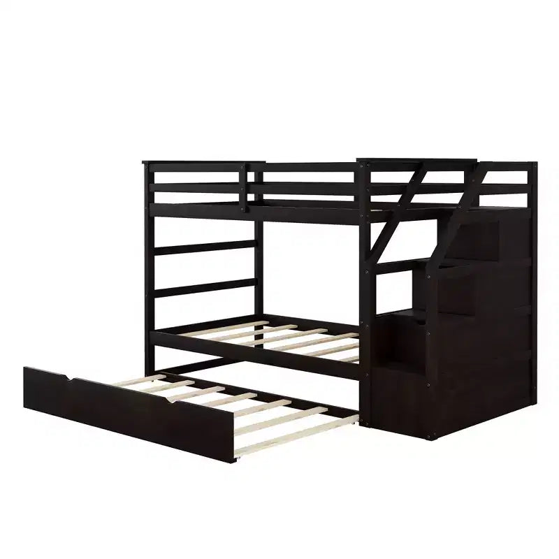 Lits superposés jumeaux avec tiroir gigogne et escalier de rangement, lits superposés en bois avec garde-corps pleine longueur