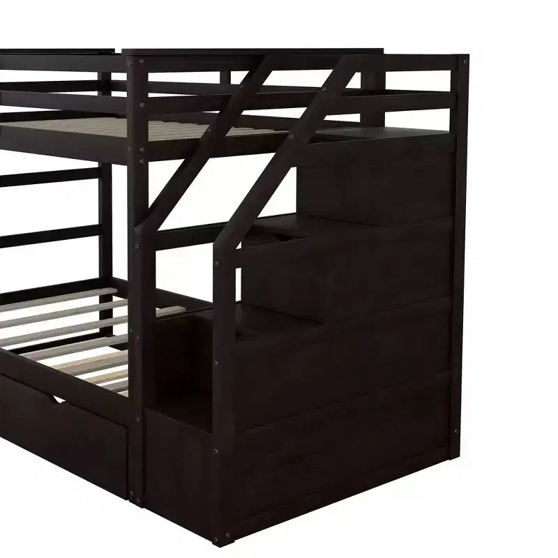 Lits superposés jumeaux avec tiroir gigogne et escalier de rangement, lits superposés en bois avec garde-corps pleine longueur