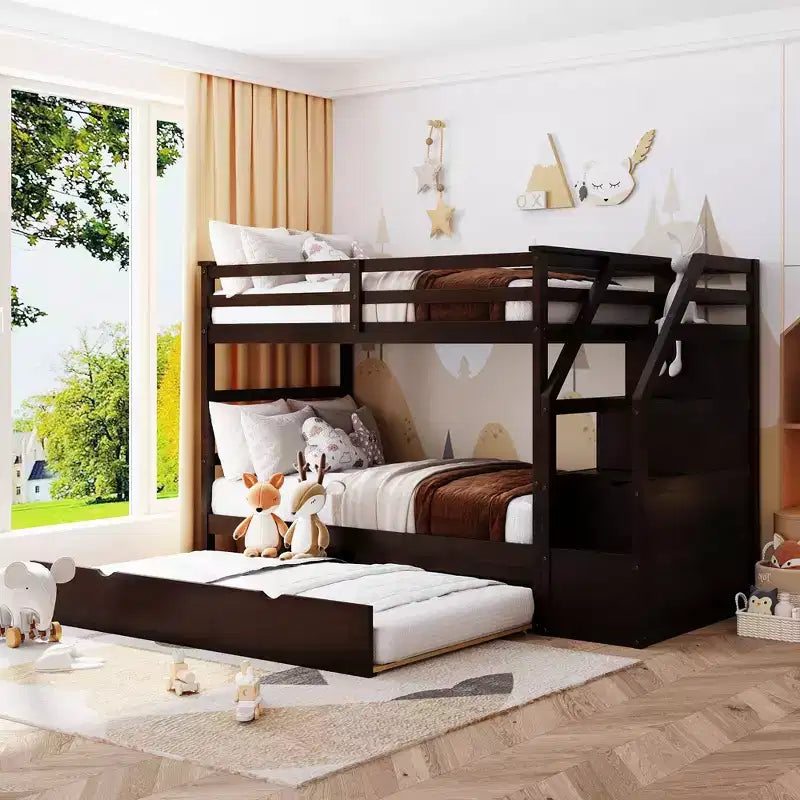 Twin over Twin Bunk Bed with Trundle and Storage Stairs, Wood Bunkbed with Full-Length Guardrails