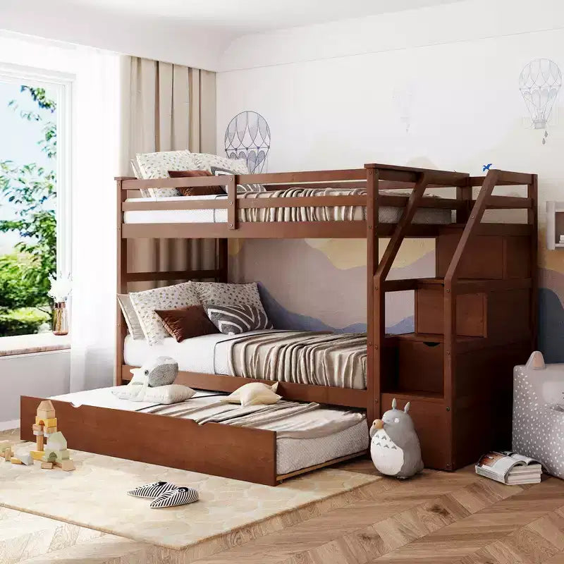 Lits superposés jumeaux avec tiroir gigogne et escalier de rangement, lits superposés en bois avec garde-corps pleine longueur
