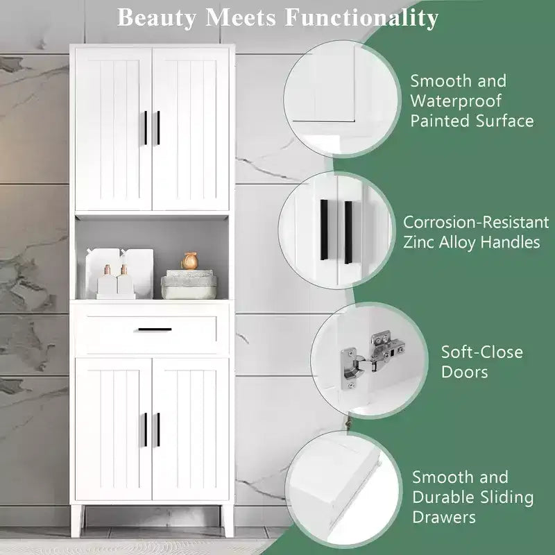 Armoire de salle de bain haute multifonctionnelle de 70,9" résistante à l'eau avec étagères réglables et portes à fermeture douce