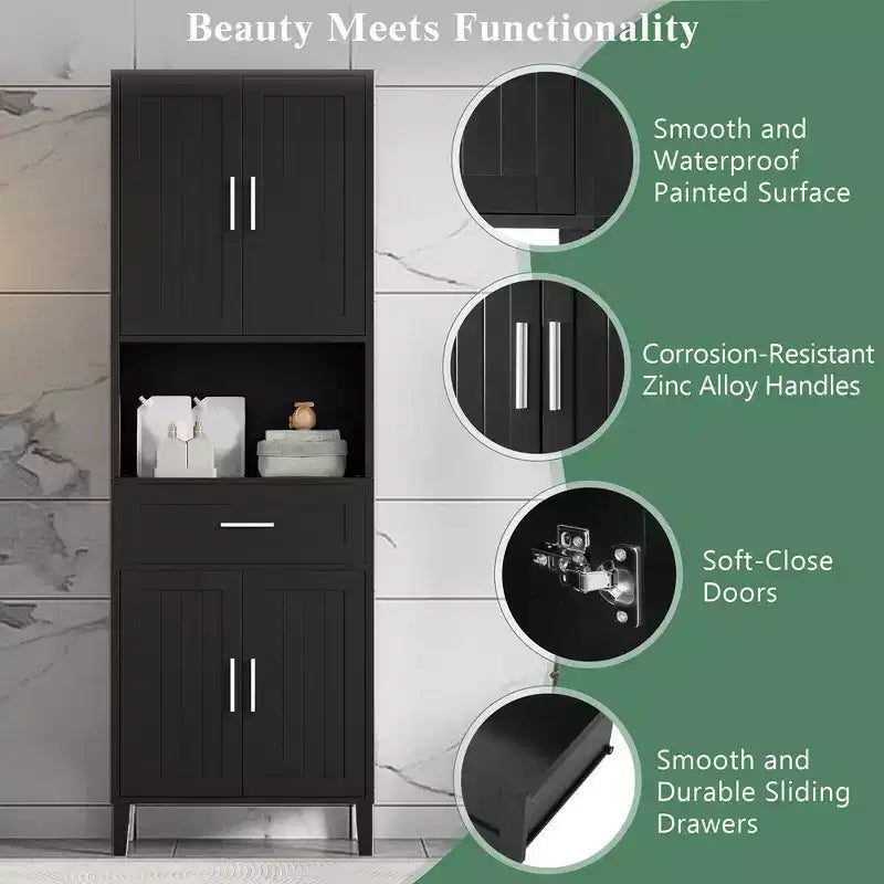 Armoire de salle de bain haute multifonctionnelle de 70,9" résistante à l'eau avec étagères réglables et portes à fermeture douce