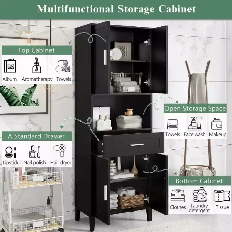Armoire de salle de bain haute multifonctionnelle de 70,9" résistante à l'eau avec étagères réglables et portes à fermeture douce
