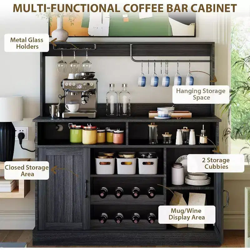 Meuble de bar noir moderne avec rangement pour le vin, étagères réglables et porte-tasses – Organisateur de bar à café pour cuisine et salle à manger