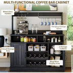 Meuble de bar noir moderne avec rangement pour le vin, étagères réglables et porte-tasses – Organisateur de bar à café pour cuisine et salle à manger