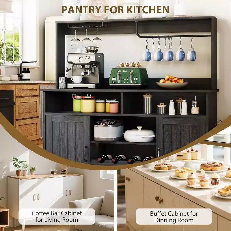 Meuble de bar noir moderne avec rangement pour le vin, étagères réglables et porte-tasses – Organisateur de bar à café pour cuisine et salle à manger