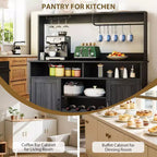 Meuble de bar noir moderne avec rangement pour le vin, étagères réglables et porte-tasses – Organisateur de bar à café pour cuisine et salle à manger