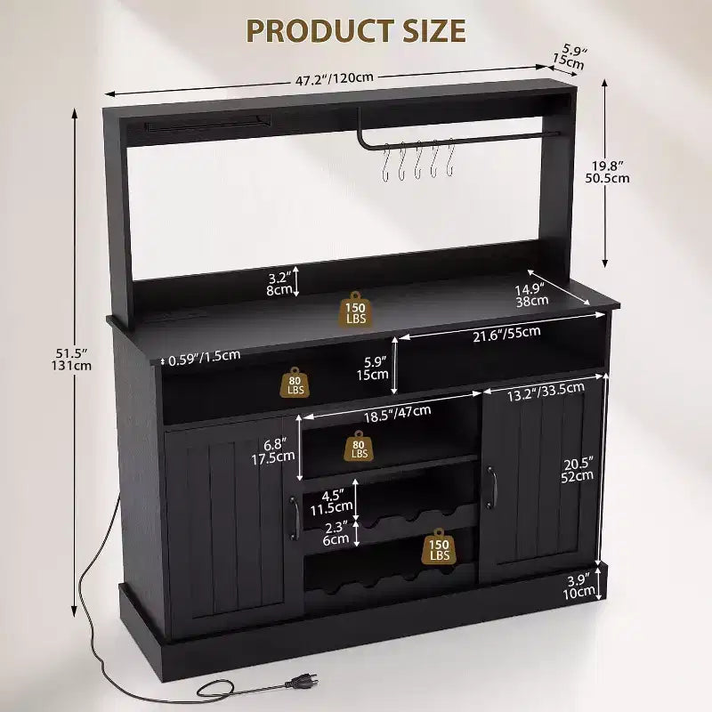 Meuble de bar noir moderne avec rangement pour le vin, étagères réglables et porte-tasses – Organisateur de bar à café pour cuisine et salle à manger