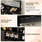 Meuble de bar noir moderne avec rangement pour le vin, étagères réglables et porte-tasses – Organisateur de bar à café pour cuisine et salle à manger
