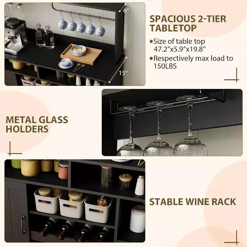Meuble de bar noir moderne avec rangement pour le vin, étagères réglables et porte-tasses – Organisateur de bar à café pour cuisine et salle à manger