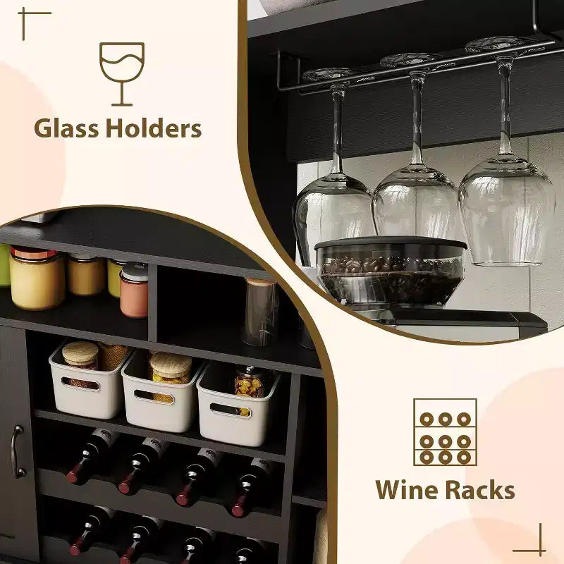 Meuble de bar noir moderne avec rangement pour le vin, étagères réglables et porte-tasses – Organisateur de bar à café pour cuisine et salle à manger