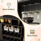 Meuble de bar noir moderne avec rangement pour le vin, étagères réglables et porte-tasses – Organisateur de bar à café pour cuisine et salle à manger