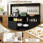 Meuble de bar noir moderne avec rangement pour le vin, étagères réglables et porte-tasses – Organisateur de bar à café pour cuisine et salle à manger