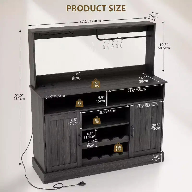 Meuble de bar noir moderne avec rangement pour le vin, étagères réglables et porte-tasses – Organisateur de bar à café pour cuisine et salle à manger