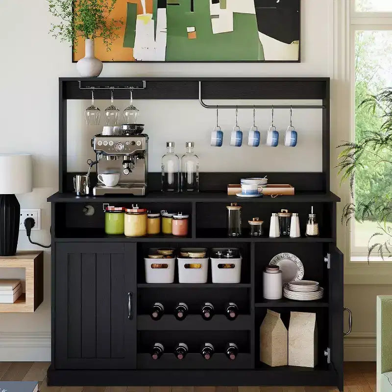 Modern Black Bar Cabinet with Wine Storage, Adjustable Shelves & Cup Rack - Kitchen Dining Room Coffee Bar Organizer