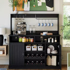 Modern Black Bar Cabinet with Wine Storage, Adjustable Shelves & Cup Rack - Kitchen Dining Room Coffee Bar Organizer