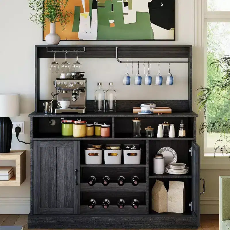 Meuble de bar noir moderne avec rangement pour le vin, étagères réglables et porte-tasses – Organisateur de bar à café pour cuisine et salle à manger