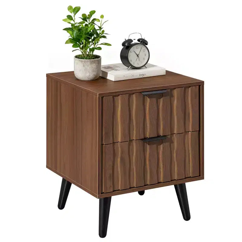 Table de chevet Mid-Century Moderne cannelée de 50 cm avec tiroirs et espace de rangement ouvert, pieds en bois massif, table de chevet en noyer pour chambre à coucher 