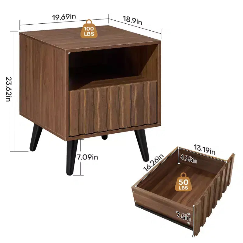 Table de chevet Mid-Century Moderne cannelée de 50 cm avec tiroirs et espace de rangement ouvert, pieds en bois massif, table de chevet en noyer pour chambre à coucher 
