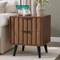 19.7 Mid Century Modern Fluted Nightstand with Drawers & Open Storage, Solid Wood Legs Walnut Bedside Table for Bedroom  Bekrvio