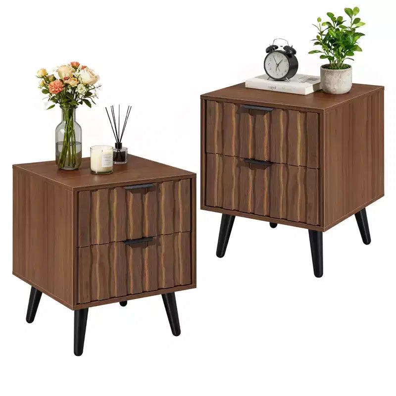 Table de chevet Mid-Century Moderne cannelée de 50 cm avec tiroirs et espace de rangement ouvert, pieds en bois massif, table de chevet en noyer pour chambre à coucher 