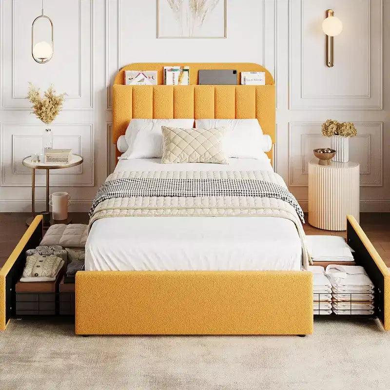 Full Bed Frame with Storage Headboard, Girls Bed Frame with 2 Drawers, Boucle Upholstered Platform Bed with Bookcase, No Box Spring Needed