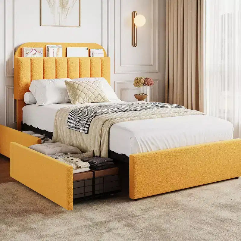 Cadre de lit double avec tête de lit de rangement, cadre de lit pour filles avec 2 tiroirs, lit plateforme rembourré en tissu bouclette avec bibliothèque, pas besoin de sommier tapissier