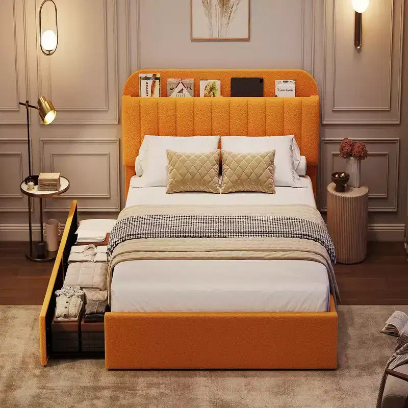 Cadre de lit double avec tête de lit de rangement, cadre de lit pour filles avec 2 tiroirs, lit plateforme rembourré en tissu bouclette avec bibliothèque, pas besoin de sommier tapissier